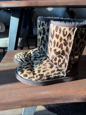 UGG Leopard Print Short Shearling Boots in Brown and Tan